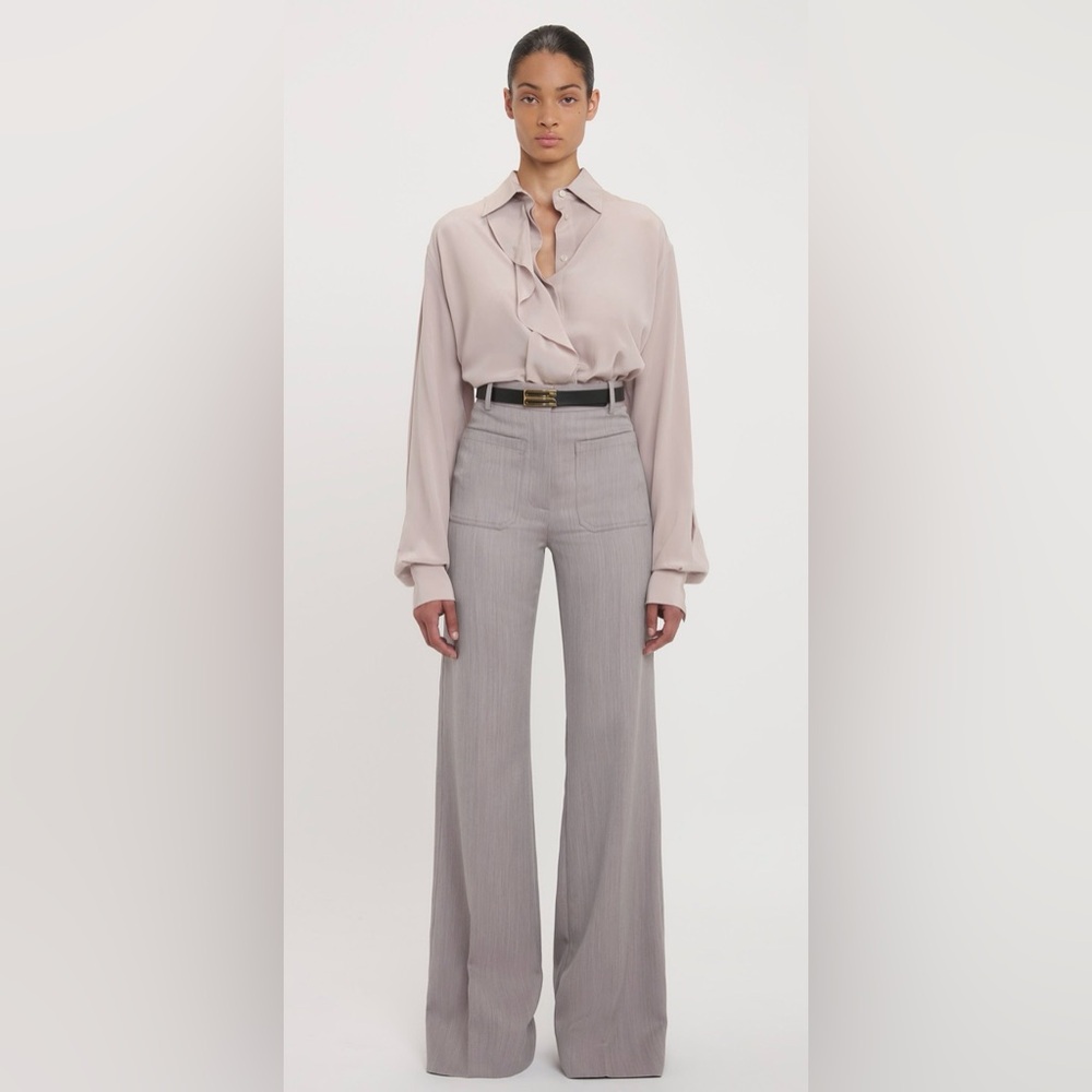 Victoria Beckham Silk Asymmetric Ruffle Shirt Blouse Heather Purple 6 Luxury